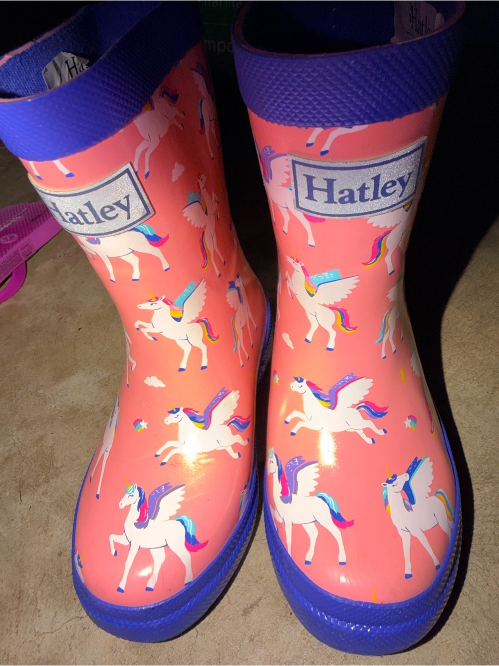 Hatley Coral Pink Unicorn Rain Boots with Purple Trim